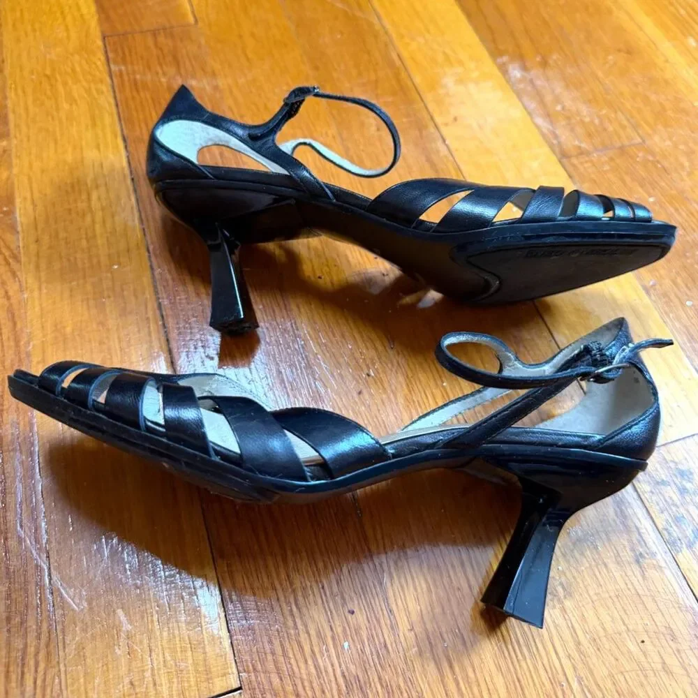 Vintage 90s Black Leather Strappy Cage Heels Open Toe Ankle Strap Sz 6